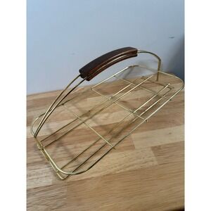 Vintage‎ Cup Carrier Tray Gold Wire Wood Handle Retro MCM Barware